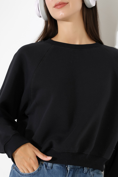 Endies Wide Crew Neck Cotton Raised Ribbed Wide Raglan Sleeve Soft Textured Basic Women's Sweatshirt