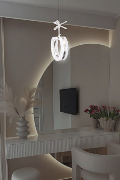 Fer Avize Ecrin Tekli Modern Led Avize Krom Renk Kristal Görünüm Beyaz Işık Enerji Tasarruflu Hol Yemek Odası