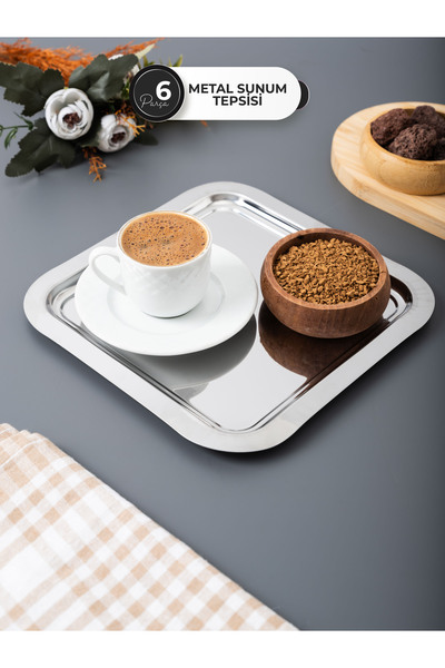 Skygo Set of 6 Square Shiny Metal Presentation Trays – Coffee Side Turkish Delight/Cookie/Treat Serving Plate