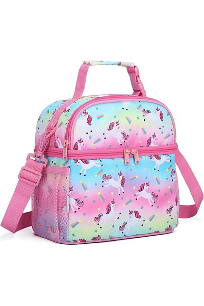 VASCHY Lunch Bag for Kids Girls, Insulated Double Compartments Cooler Lunch Box Tote Bag with Adjust