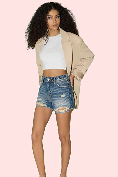 PayBuy شورت نسائي من قماش الدنيم ذو فتحات واسعة من القطن بتفاصيل ممزقة، شورت ...