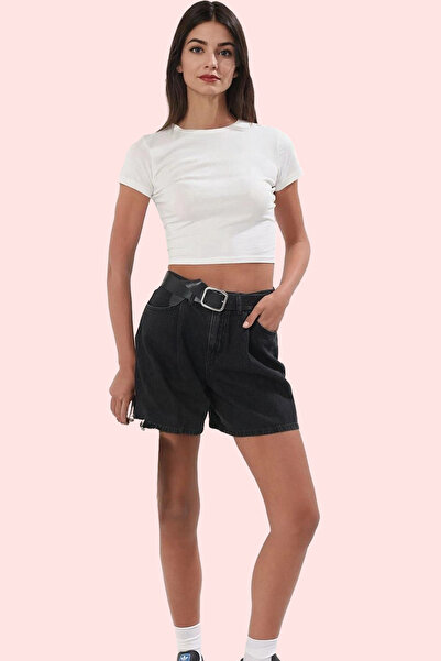 PayBuy شورت برمودا من الدنيم على الموضة للسيدات ذو فتحة واسعة وخصر عالٍ من ال...