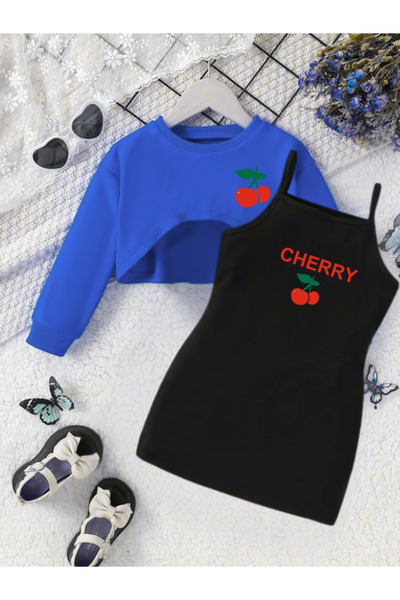 MELADYAN Kız Çocuk Cherry Baskılı Elbiseli Süpercrop 2'Lİ Takım