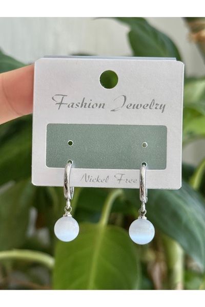 Silya Bijuteri Çelik Gümüş Renk Yuvarlak Taşlı Sallantılı Küpe