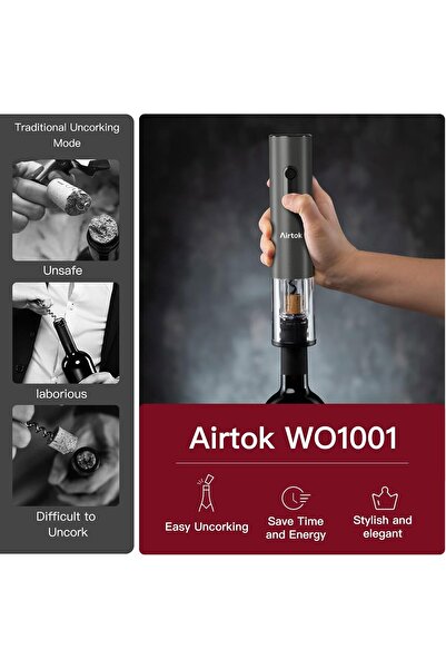 AIRTOK 4-in-1 Electric Wine Opener Set, Automatic Corkscrew with Foil Cutter, 2 Vacuum Stoppers & Ae