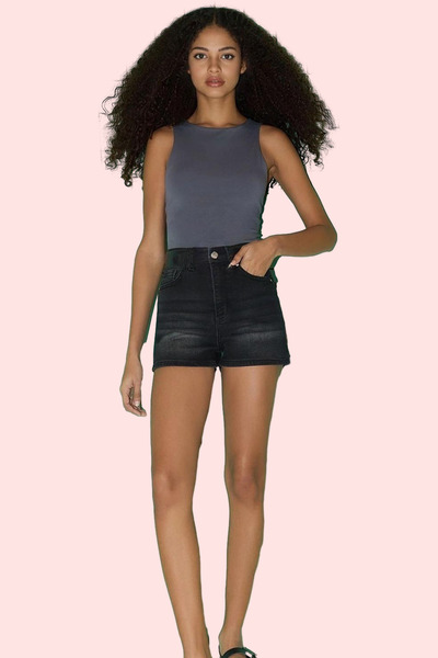 PayBuy شورت نسائي عصري عالي الخصر وواسع الساق من قماش الدنيم، مريح للصيف، مزي...