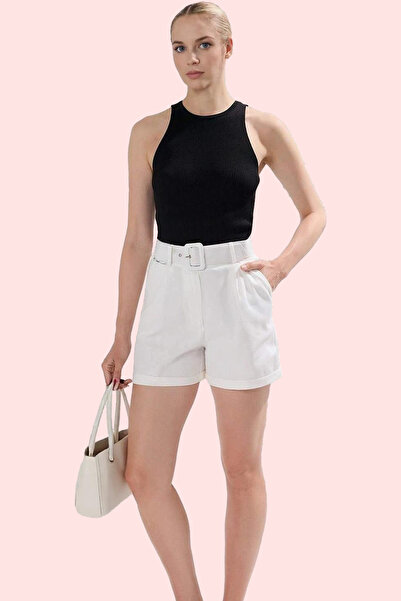 PayBuy شورت نسائي عصري بحزام من نسيج الجبردين القطني للاستخدام اليومي في عطلة...