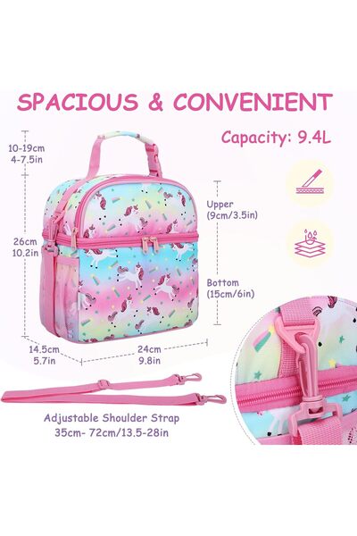 VASCHY Lunch Bag for Kids Girls, Insulated Double Compartments Cooler Lunch Box Tote Bag with Adjust