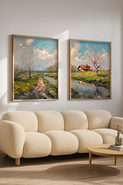 STARYUNA Ahşap Çerçeveli Vintage Çiçekli Irmak Manzaralı Yağlıboya Efektli İk...