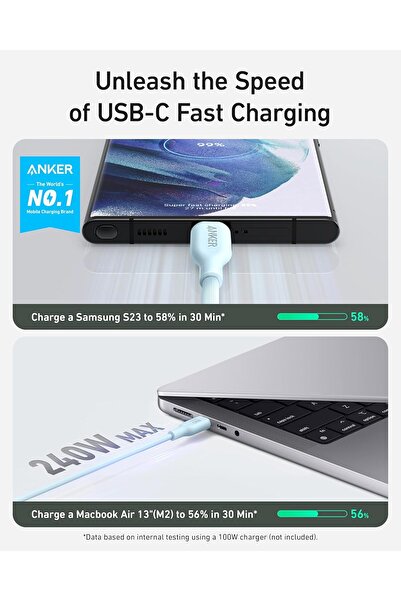 Anker 543 USB C to USB C Cable (240W 6ft) - Misty Blue