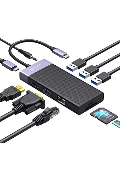 Orico USB-C 10-in-1 Docking Station, Dual Monitor, 4K HDMI & VGA, PD 87W, Ethernet, SD/TF, 3 USB Por