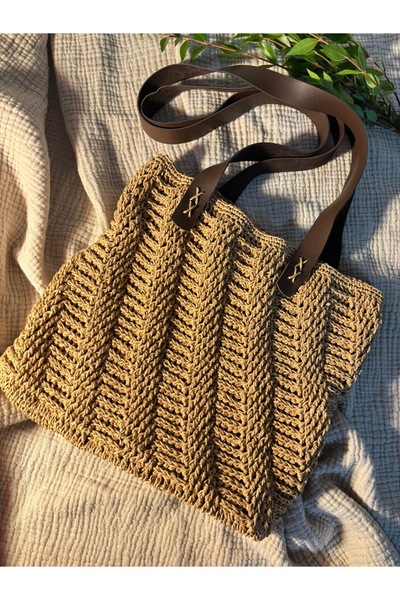 ARDEN HOBİ TASARIM Hand-Knitted Raffia Paper Rope Authentic Shoulder Bag / Straw Bag / Side Bag / Arm Bag