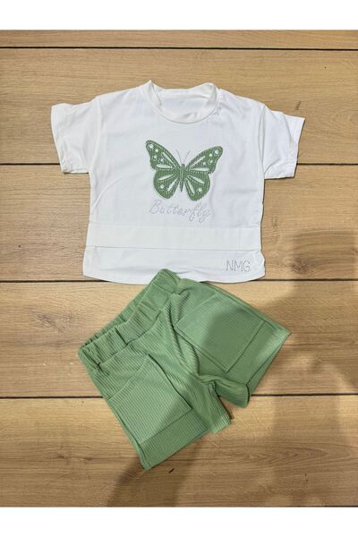 Tk Tela Kids Kiz Double Set 2/3/5 Age Range White Color T-Shirt Overz Khaki Color Butterfly Stone Pattern