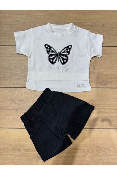 Tk Tela Kids Kiz Double Set 2/3/5 Age Range White Color T-Shirt Overz Khaki Color Butterfly Stone Pattern