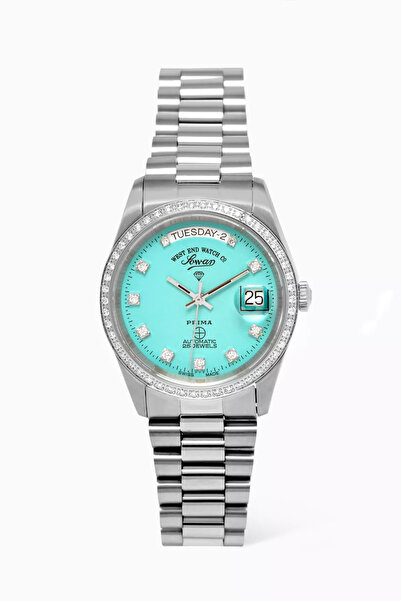 West End Watch Co ساعة كلاسيك دايموند أوتوماتيك، إطار ومؤشرات ألماس، 37 ملم، تركواز وفضي