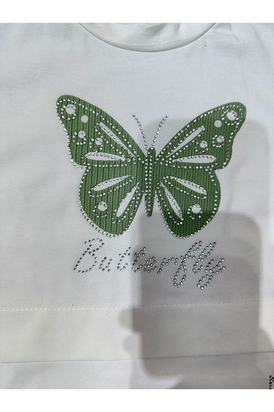 Tk Tela Kids Kiz Double Set 2/3/5 Age Range White Color T-Shirt Overz Khaki Color Butterfly Stone Pattern