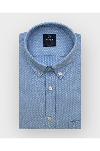 KAMER Men's Regular Fit Long Sleeve 100% Cotton Button Collar Patterned Light Blue Shirt 3807Ma