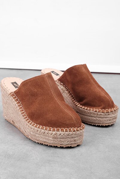 MY DERİ Blusy Women's Genuine Leather Closed Suede Wedge Heeled Slippers 3988