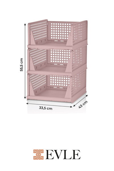 EVLE 3'lü Mavi Modüler Raf Seti – Kayar Mekanizmalı Dolap İçi Düzenleyici, Pudra, 33,5 x 43 x 55.5 cm