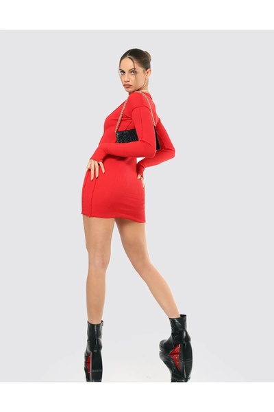 Bak Moda Ters Dikiş Detay Yıkamalı Kırmızı Mini Kaşkorse Elbise