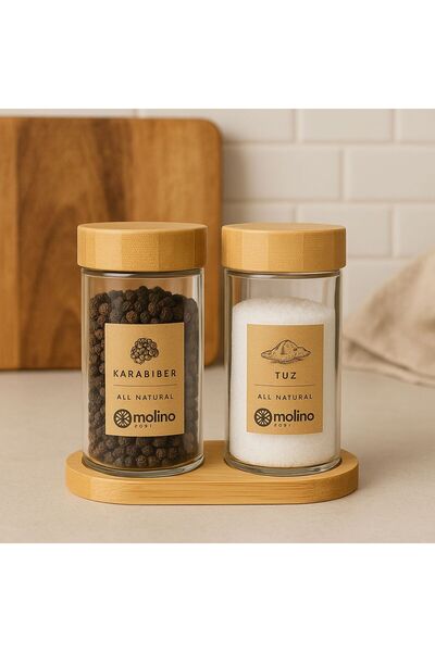 ENYAZA(2024) Set of 2 Glass Spice Jars with Bamboo Lid and Stand - Salt and Pepper Shakers with Labels Spice Set 120 ml