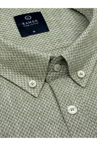 KAMER Men's Regular Fit Long Sleeve 100% Cotton Button Collar Patterned Green Shirt 3807Y