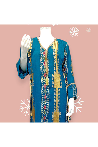 SERENE Comfortable embroidered jalabiya with a luxurious belt tie, decorated with lavish embroidery and colorful geometric shapes. Elegant design.
