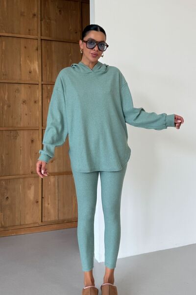 MODAGEN Women's Mint Green Hooded Ribbed Bottom-Top Leggings Interlock Suit