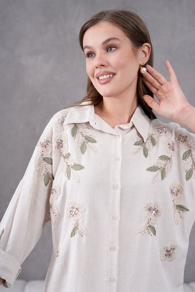 MVStore Floral Pattern Embroidery Embroidered Linen Oversize Shirt and Pants