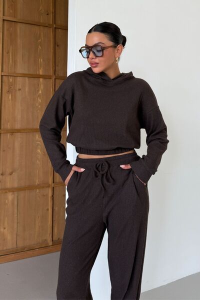 MODAGEN Women's Brown Hooded Elastic Waist Crop Pants Bottom-Top Set