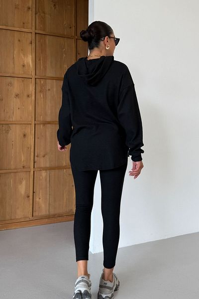 MODAGEN Women's Black Hooded Ribbed Bottom-Top Leggings Interlock Suit
