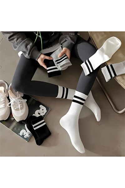 çorapmanya 6 Çift Kadın Siyah / Beyaz / Gri Çizgili Kolej - Tenis Çorap