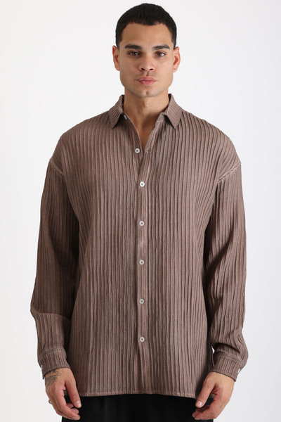 EGHO Thick Braided Twill Fabric Men's Long Sleeve Shirt with Tumbled Effect