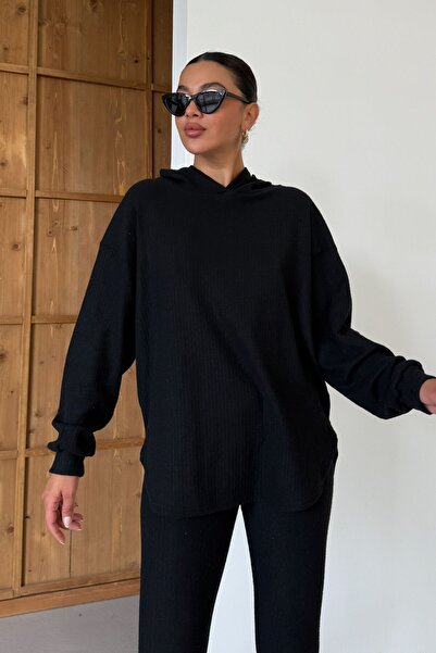 MODAGEN Women's Black Hooded Ribbed Bottom-Top Leggings Interlock Suit