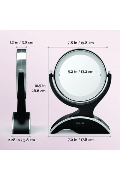 FizioTab FizioTab® Cosmetic Mirror, Led, Dimmable, 2 Sides, 10X Magnification, Batteries and USB Cable Included, Black