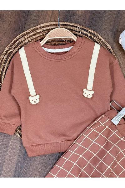 Kids Kingdom Seasonal Teddy Bear Detailed Plaid Pattern Crew Neck Baby Boy Suit
