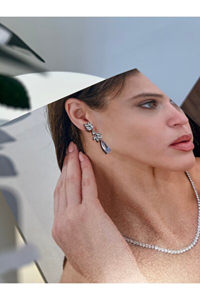 VİYA Leaf Kadın Gümüş Renk Zirkon Taşlı Sallantılı Abiye Düğün Nişan Söz Parti Davet Küpe Hediye Küpe