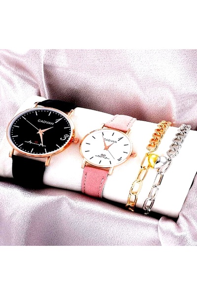 CADVAN - Set watches with quartz, black strap, pink strap, two magnetic bracelets 19 cm
