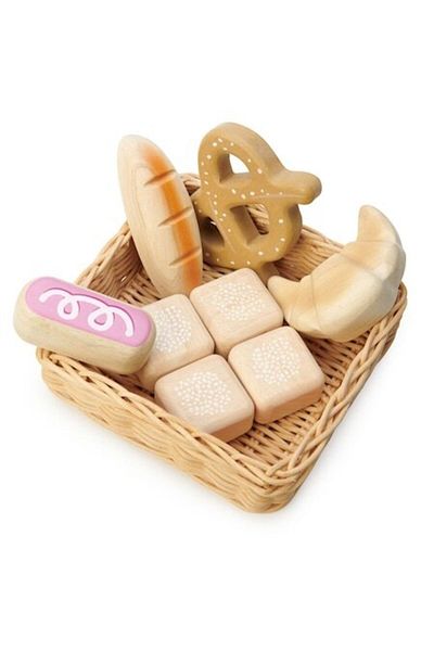 Tender Leaf Toys Set 6 pieces wicker basket with bread, Tender Leaf, Wood, 15.5x15.5x5.5 cm, 3+, Brown/Beige