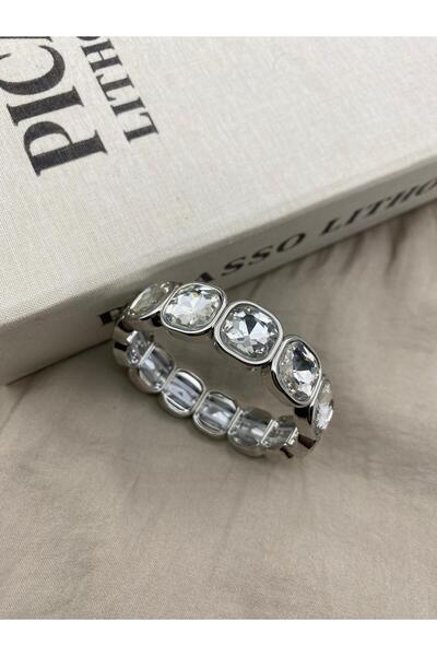 Hedef Bijuteri Silver Color, Silver Crystal Stone, Elastic, Baguette Model Bracelet