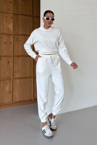 MODAGEN Women's White Hooded Elastic Waist Crop Pants Bottom-Top Set