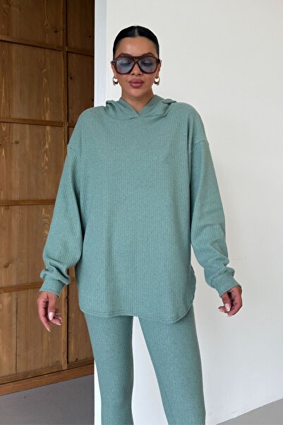 MODAGEN Women's Mint Green Hooded Ribbed Bottom-Top Leggings Interlock Suit