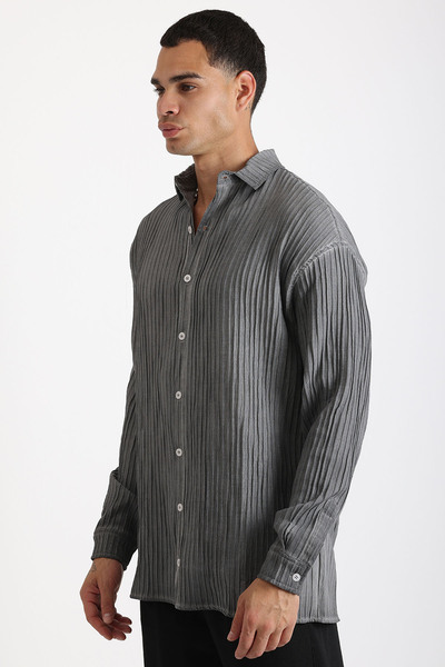 EGHO Thick Braided Twill Fabric Men's Long Sleeve Shirt with Tumbled Effect