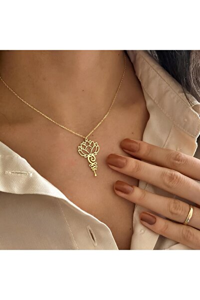 Lisen Jewelry 925 Ayar Gümüş Lotus Çiçeği Kolye | Altın Kaplama Unalome Sembol Kolye | Spiritüel ve Zarif Takı