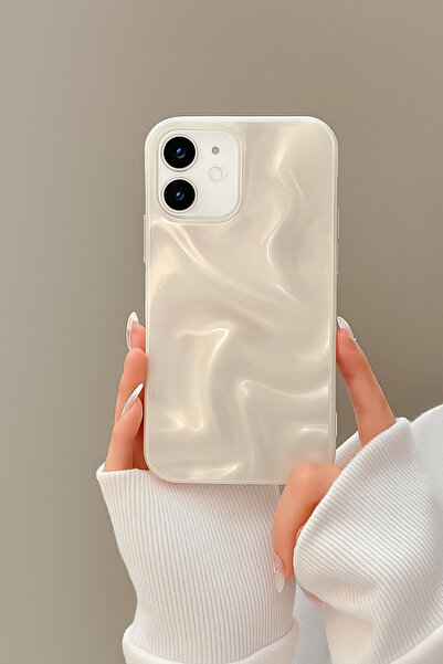 OVADA iPhone 11 Uyumlu Kamera Koruma Çıkıntılı Beyaz İnci Tozu Dalgalı Premium Silikon Kılıf