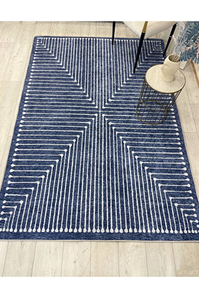 Brillant Lacivert Renk Şönil Görünümlü Tasarım Yolluk Halı Mutfak Halısı