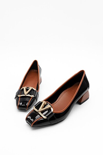 Nstil Daily Women's Loafer Heeled V Buckle and Stitching Detailed Blunt Toe Shoes 6001