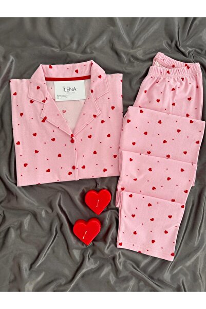 Lena Homewears Pink Heart Patterned Buttoned Thermosoft Pajama Set