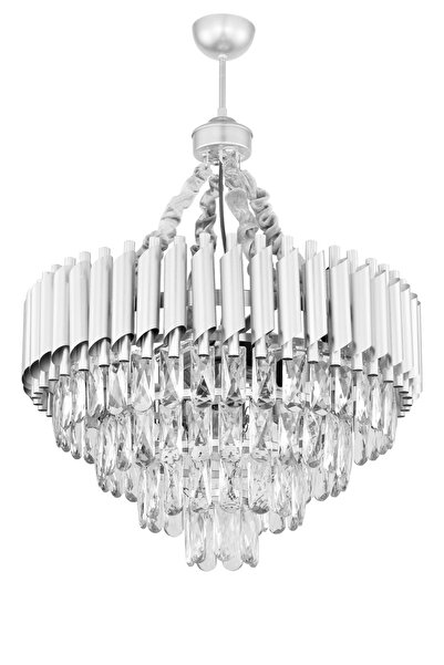 Avizemoda Palmira 55 cm'lik Prizma Kesim Kristal Taşlı Lüks Yemek Masası Üstü Avize - Silver renk