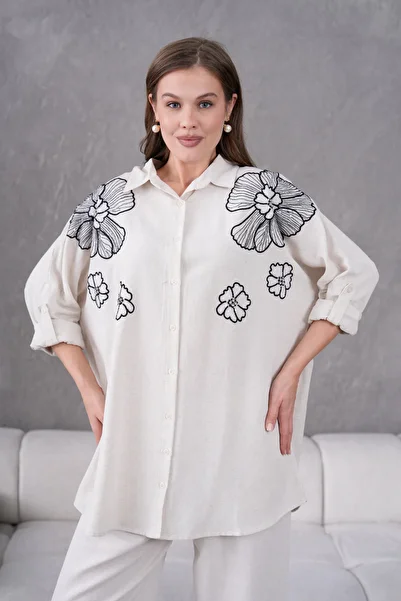 MVStore Women's Floral Patterned Embroidery Embroidered Linen Oversize Standard Size Shirt